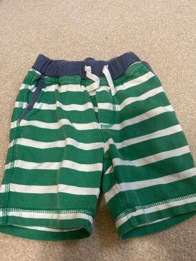 Mini Boden Green & White Striped Knit Shorts with Navy Waistband
